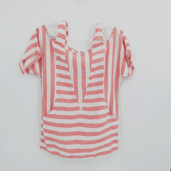 Soft Surroundings Linen Blend Cold Shoulder Red Striped Tunic Beach Women Size S - Picture 1 of 11